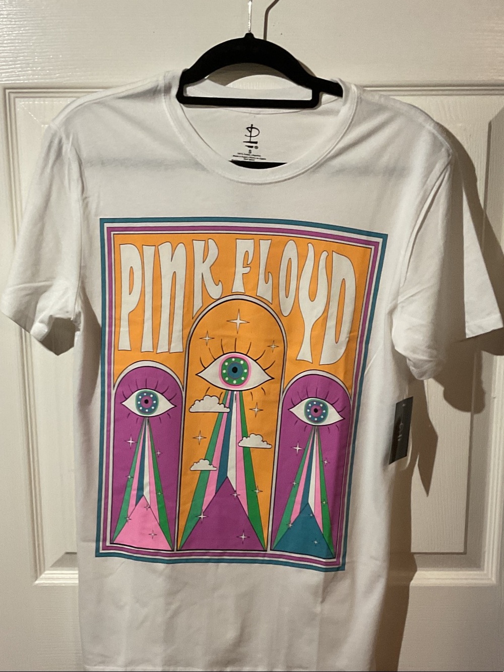 Pink Floyd White Band Tee with Orange, Purple, Teal, Pink
